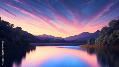 Beautiful and Peaceful Nature Scenery Illustration, Landscape, Countryside, Tranquil, Vibrant and Colorful