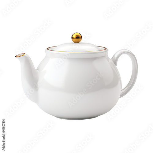 A white tea pot with gold trim sits on a white background