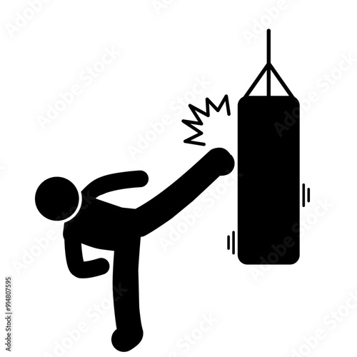 illustration of a flat stick figure character hitting and kicking a punching bag