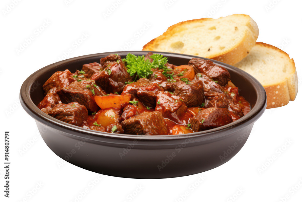 A bowl of meat and vegetables with a piece of bread on the side A bowl of meat and vegetables with a piece of bread on the side