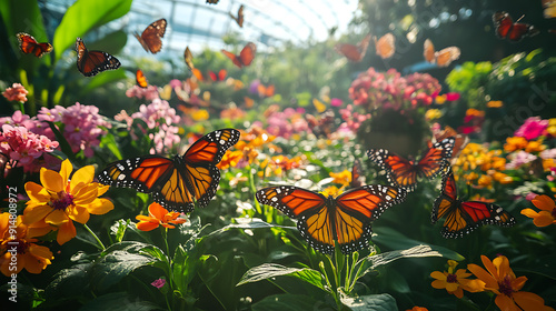 Fototapeta Naklejka Na Ścianę i Meble -  A vibrant butterfly garden teeming with butterflies and a wide array of flowering plants 
