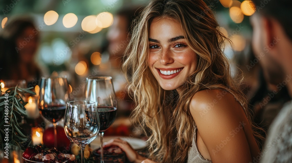 Happy Friends Enjoying Conversation And Drinking Wine During A Festive Dinner Happy Friends Enjoying Conversation And Drinking Wine During A Festive Dinner