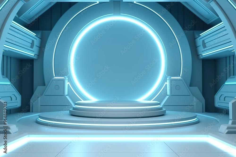 Futuristic blue room with neon lights and a podium. Futuristic blue room with neon lights and a podium.