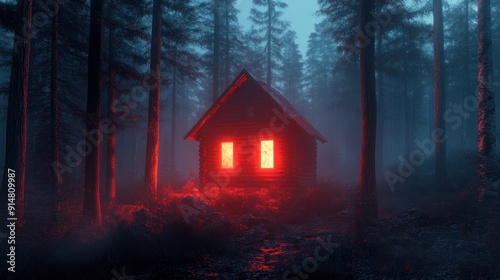 Wallpaper Mural A creepy glowing red abandoned cabin isolated in the middle of a mysterious and spooky forest. Torontodigital.ca