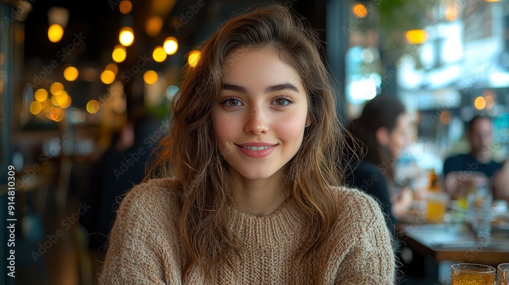Obraz premium Happy Woman Smiling At The Camera With Friends At A Restaurant