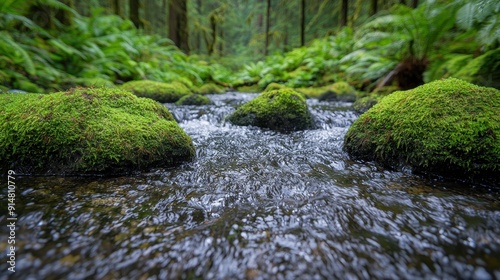Lush green forest stream with mossy rocks