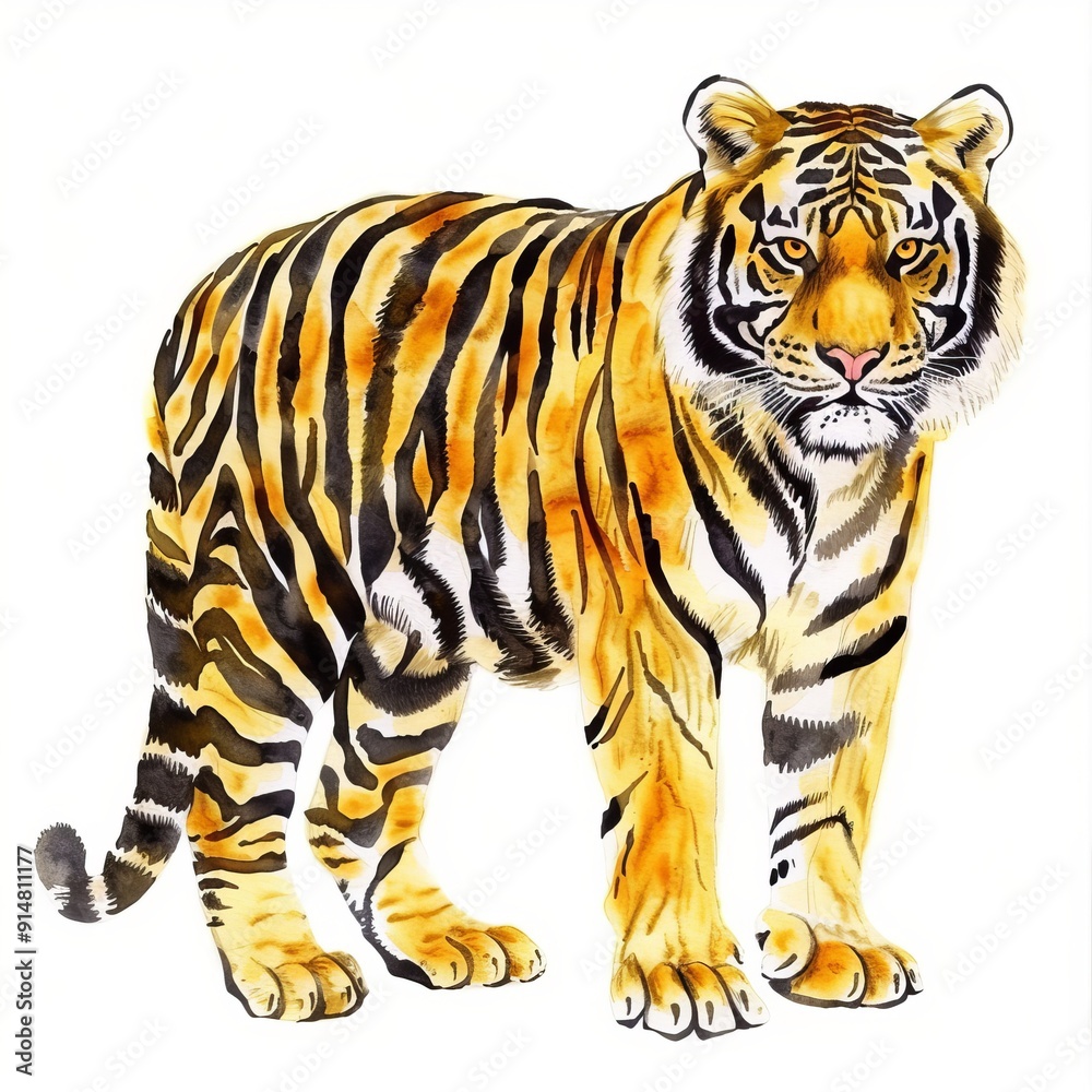 Obraz premium watercolor painting of a black and yellow striped tiger, on isolated white background