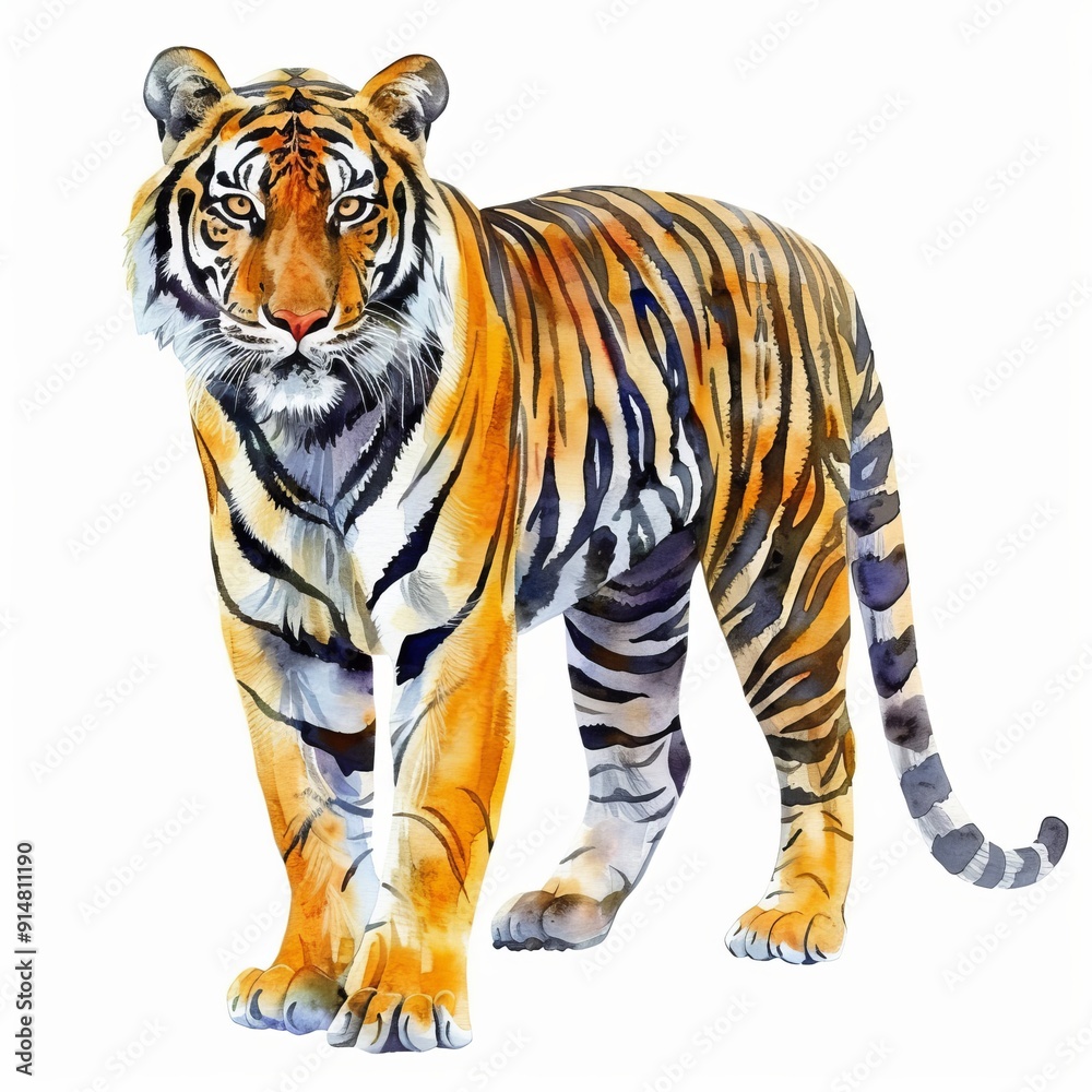Obraz premium watercolor painting of a black and yellow striped tiger, on isolated white background