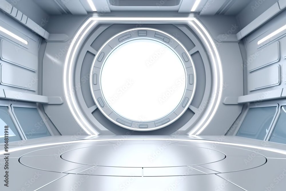 Futuristic interior design with circular window and glowing lights. Futuristic interior design with circular window and glowing lights.