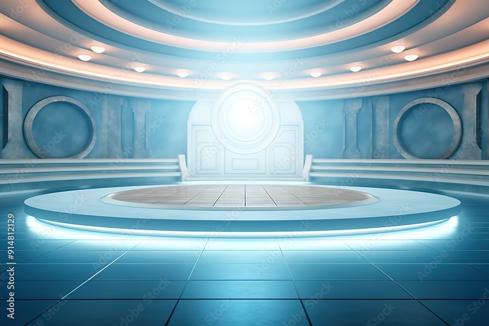 Obraz premium Futuristic blue stage with glowing lights.