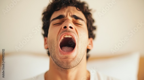 A teenager yawns widely while relaxing in a bedroom, showing signs of fatigue after a long day