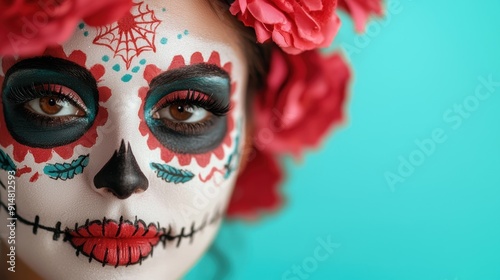 close-up of a woman's face with colorful day of the dead makeup