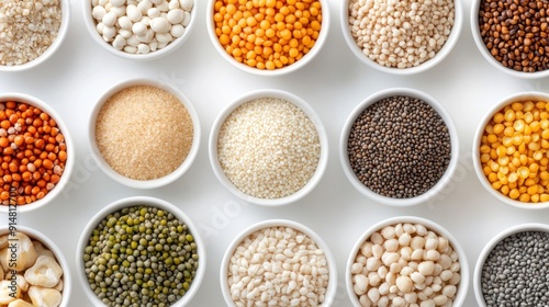 An array of diverse grains and seeds displayed in bowls on a white background for culinary use