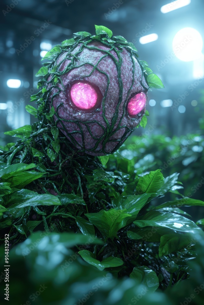 Mysterious plant-like creature with glowing eyes in a lush, green ...