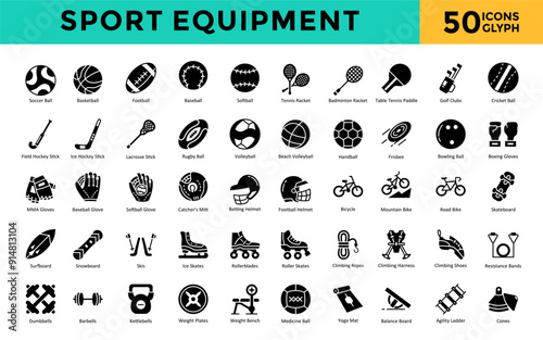 Sport equipment icon set with soccer ball, basketball, football, baseball, softball, tennis racket, badminton racket, table tennis paddle, golf clubs, cricket ball icon. Simple glyph vector 
