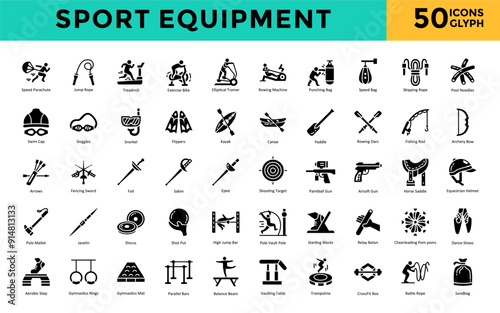 Sport equipment icon set with swim cap, goggles, snorkel, flippers, kayak, canoe, paddle, rowing oars, fishing rod, archery bow icon. Simple glyph vector 
