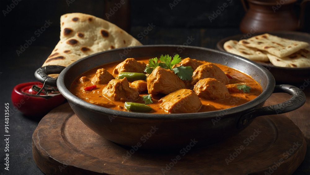 Chicken curry with naan bread, served on a large plate Chicken curry with naan bread, served on a large plate