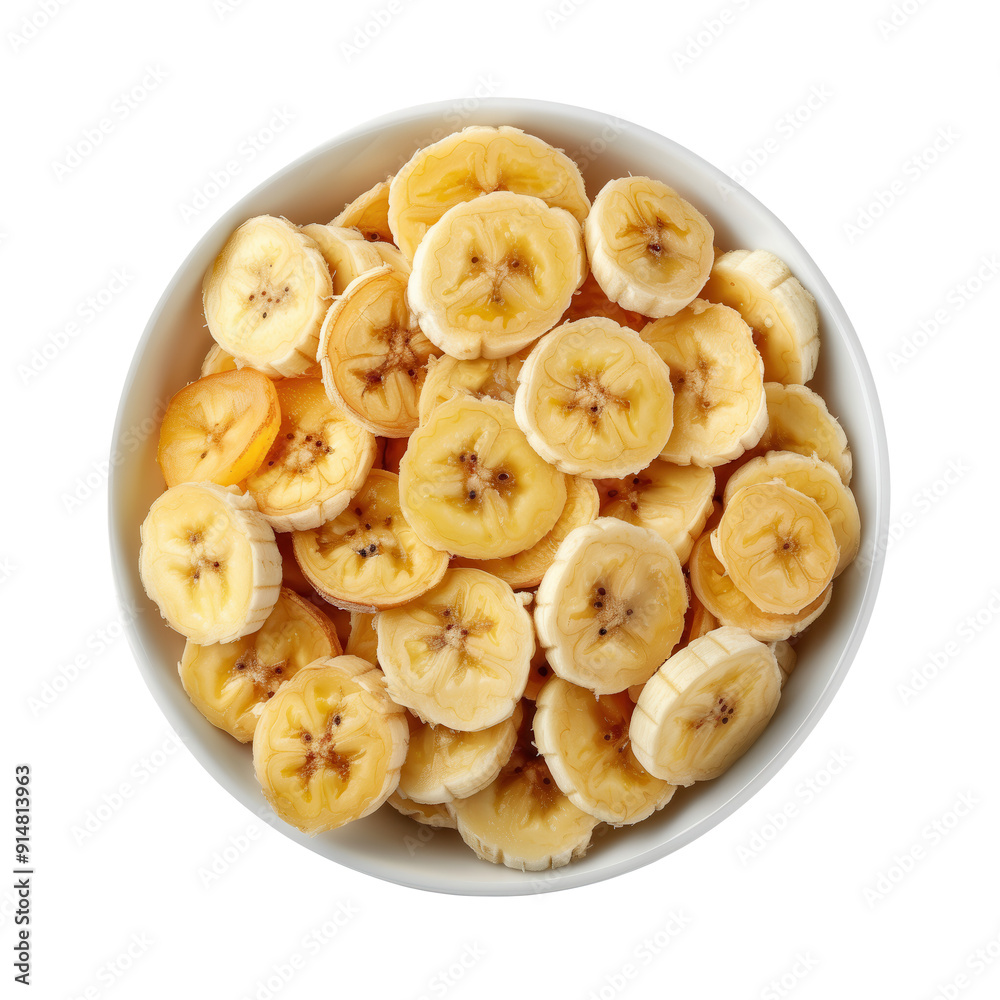 Dried banana chips in bowl isolated on transparent background Dried banana chips in bowl isolated on transparent background