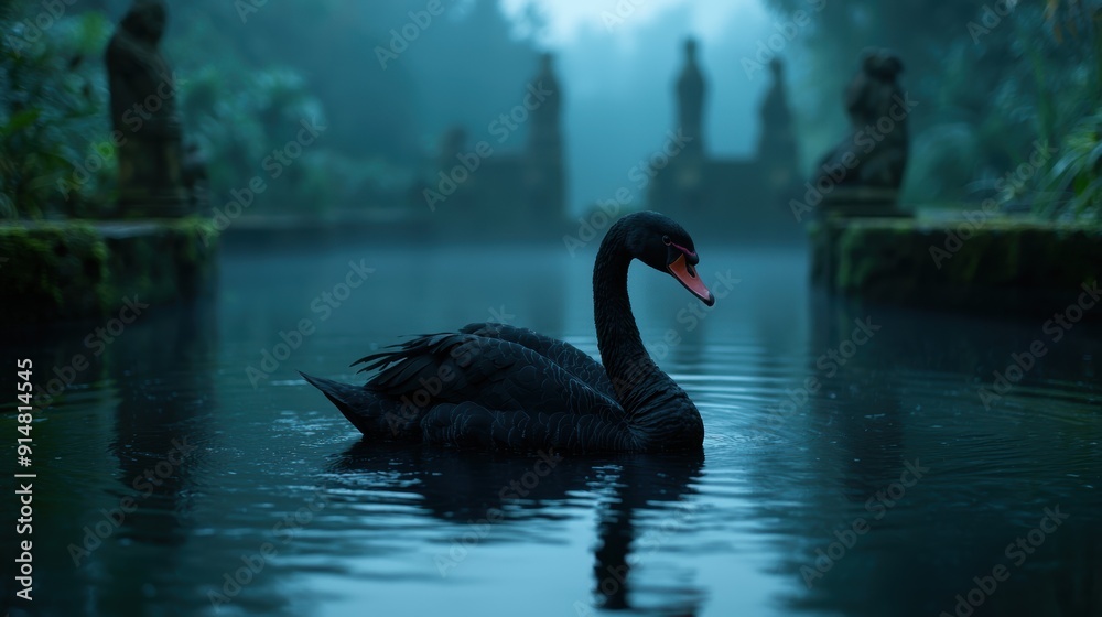 Obraz premium serene black swan swimming in tranquil lake