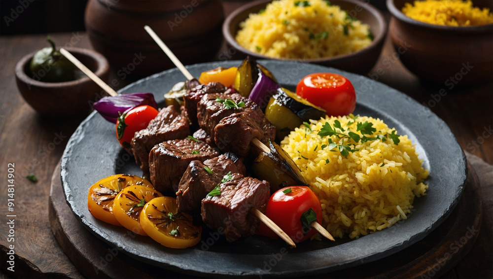 Juicy beef kebabs with grilled vegetables, served on a platter with a side of saffron rice Juicy beef kebabs with grilled vegetables, served on a platter with a side of saffron rice