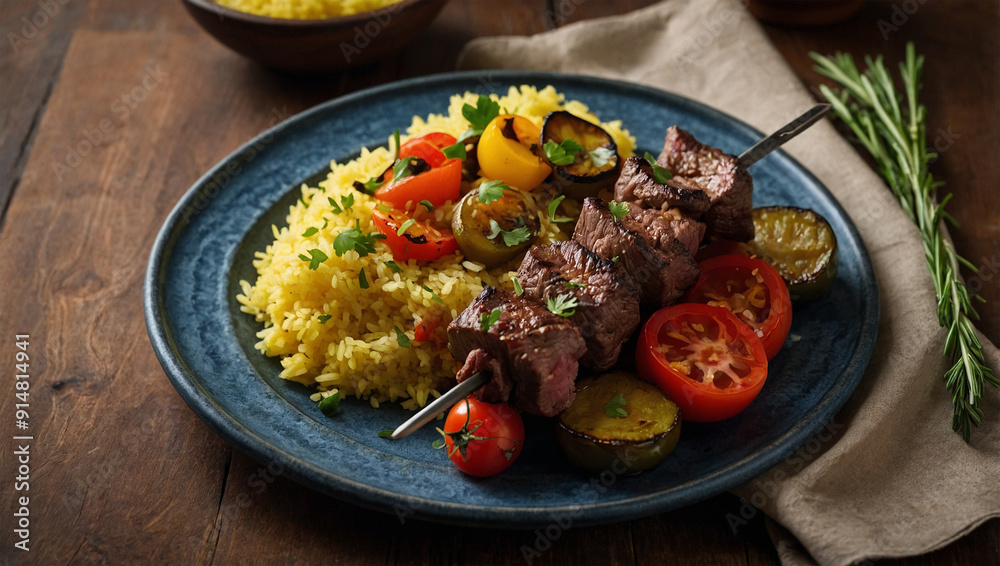 Juicy beef kebabs with grilled vegetables, served on a platter with a side of saffron rice Juicy beef kebabs with grilled vegetables, served on a platter with a side of saffron rice