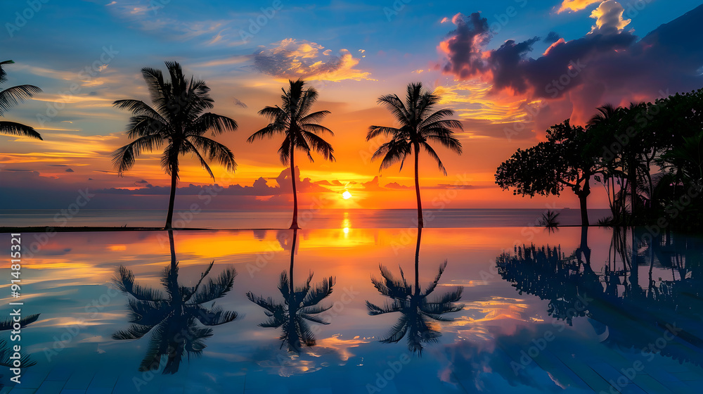 Golden Sunset Over Tranquil Beach with Silhouetted Palm Trees Golden Sunset Over Tranquil Beach with Silhouetted Palm Trees