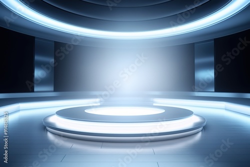 Futuristic stage with glowing platform in a circular room.