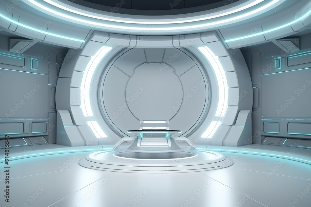 Futuristic interior with glowing blue lights and a platform.