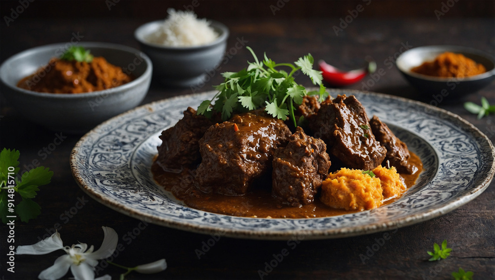 Tender beef rendang with rich coconut sauce, garnished with fresh herbs, served on a traditional plate Tender beef rendang with rich coconut sauce, garnished with fresh herbs, served on a traditional plate