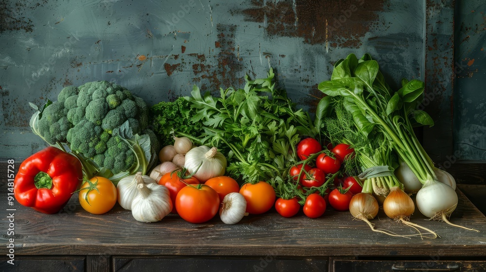 Still life of fresh vegetables on a rustic kitchen counter, promoting natural and organic lifestyle Still life of fresh vegetables on a rustic kitchen counter, promoting natural and organic lifestyle