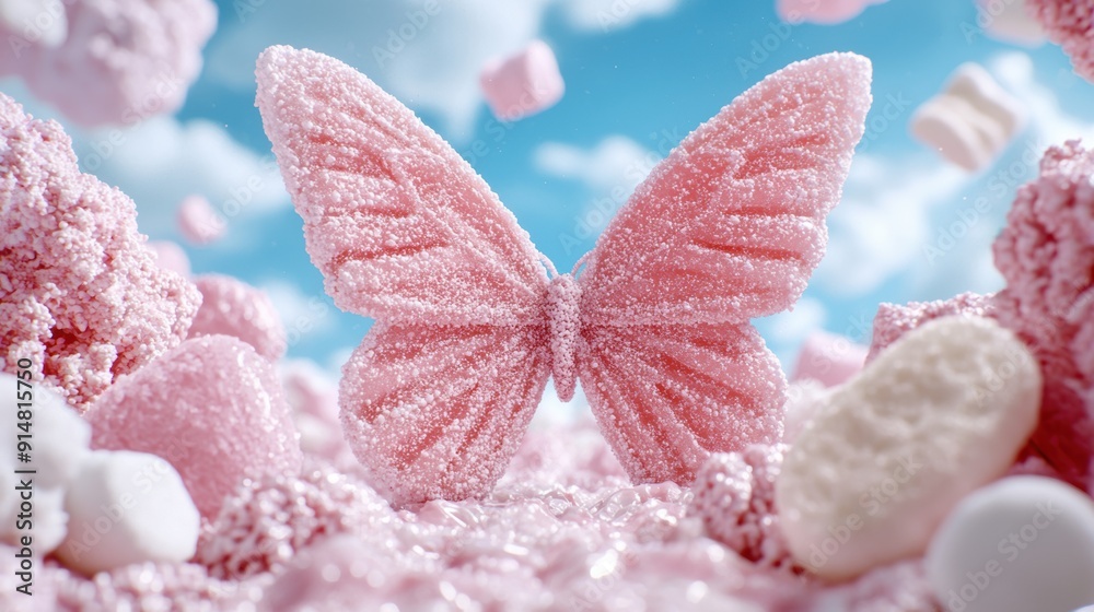 Sugary pink butterfly on a snowy background