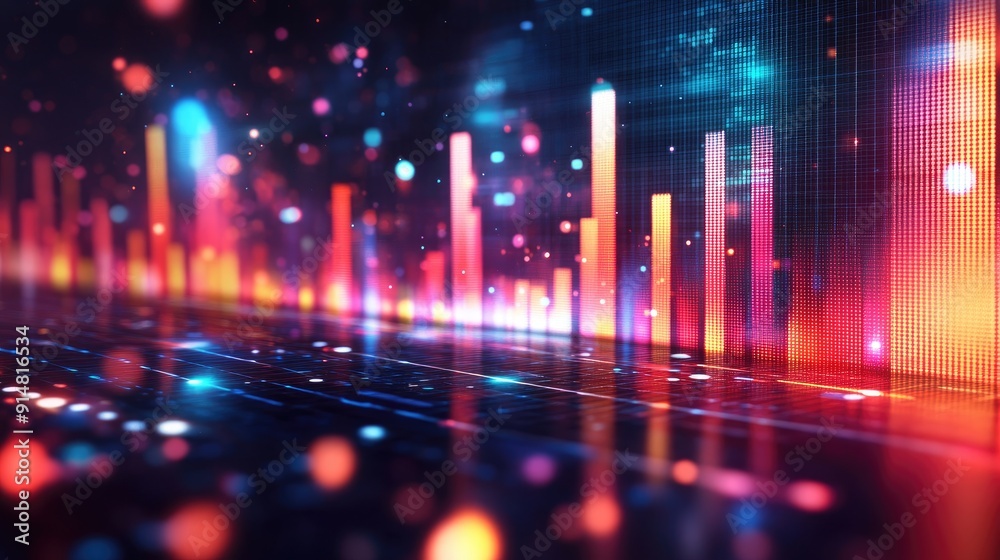 Futuristic 3D background with digital equalizer bars and light effects, modern music concept