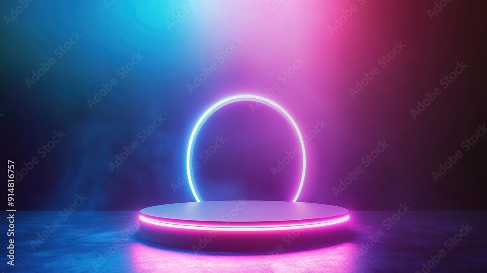 Futuristic 3D background with holographic podium and glowing effects, advanced display concept