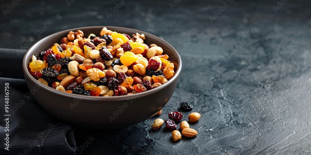 Fototapeta premium Mix of energetic seeds and dried fruits in a wooden bowl on a black surface. 