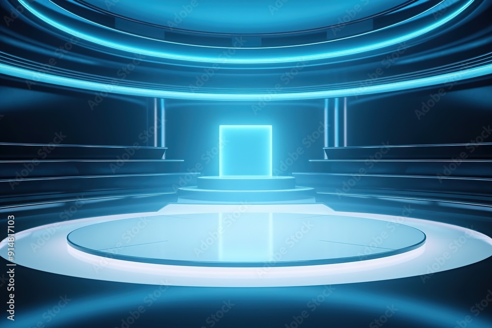 Obraz premium Futuristic blue stage with glowing platform.