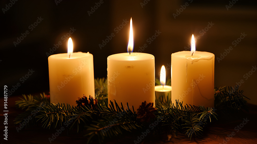 Three Candles Lit in Advent Wreath for the Third Week of Advent, Generative AI Three Candles Lit in Advent Wreath for the Third Week of Advent, Generative AI