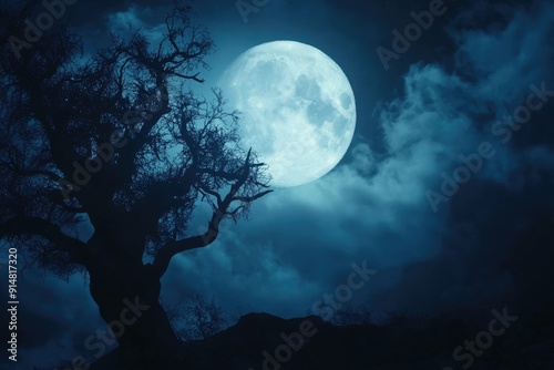 Silhouetted Tree Under a Full Moon in a Night Sky photo