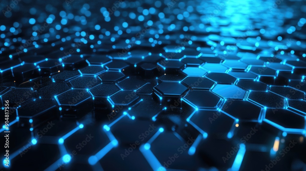 High-tech 3D background with blue hexagons and digital grid, advanced technology design High-tech 3D background with blue hexagons and digital grid, advanced technology design