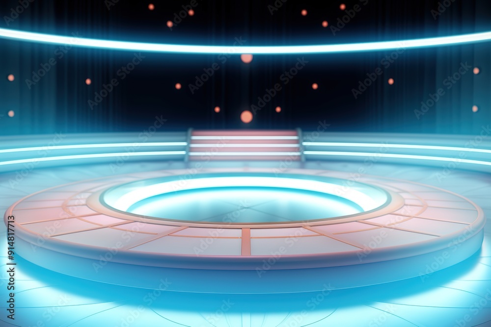 Obraz premium Futuristic platform with blue neon lights.