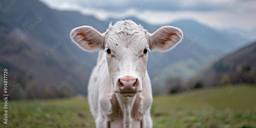 Funny Cow on Green Meadow with Alps in Background: Quirky Farm Animal in Scenic Landscape Funny Cow on Green Meadow with Alps in Background: Quirky Farm Animal in Scenic Landscape