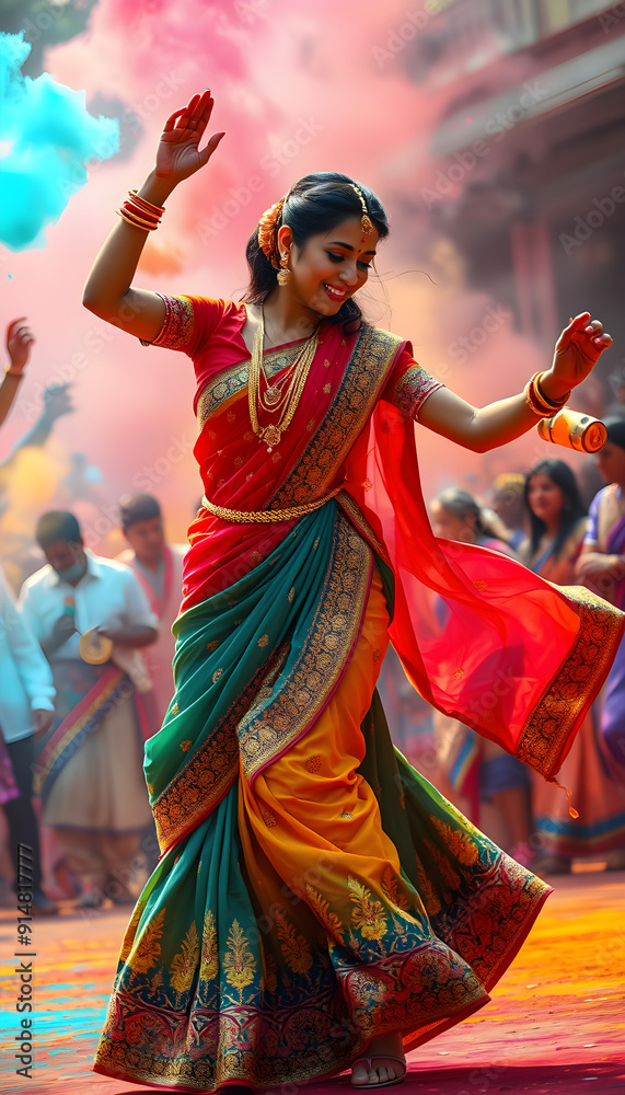 Naklejka premium Traditional Indian Dance Celebration at Holi Festival