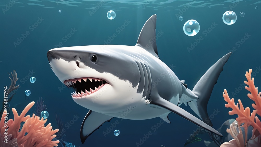 illustration of wild shark with sharp toot in deep ocean with bubbles illustration of wild shark with sharp toot in deep ocean with bubbles