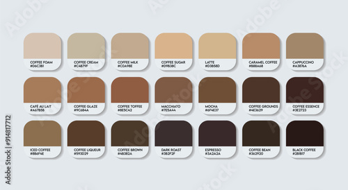 Coffee Color Palette, Coffee Color Guide Palette with Color Names. Catalog Samples of the Dark Brown with RGB HEX codes and Names. Wood Color Palette Vector, Water-based Colors, Dark Brown colors