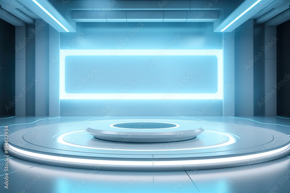 Obraz premium Futuristic platform with blue neon lights, perfect for product display.