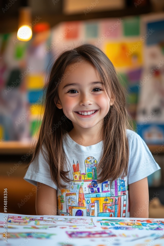 Fototapeta premium A young girl is smiling and wearing a shirt with a colorful cityscape on it