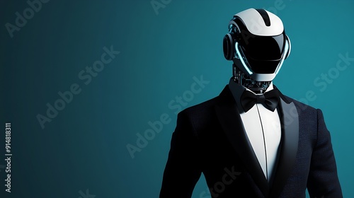 Robot in a tuxedo on a blue background.