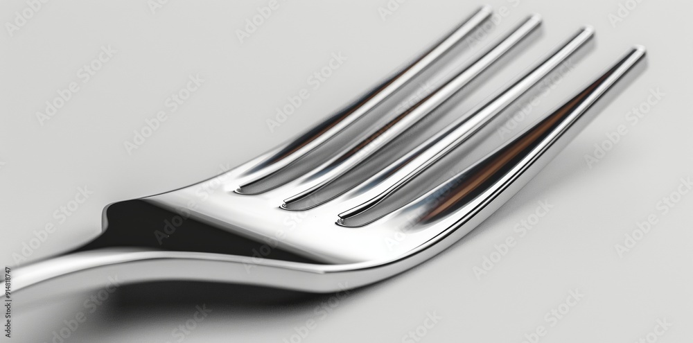 Perspective view of ground fork lying on white surface with tines appearing larger and handle receding into distance. Minimalist detailed composition