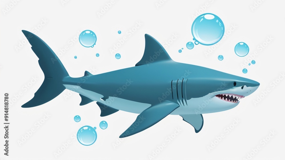 illustration of wild shark with sharp toot in deep ocean with bubbles