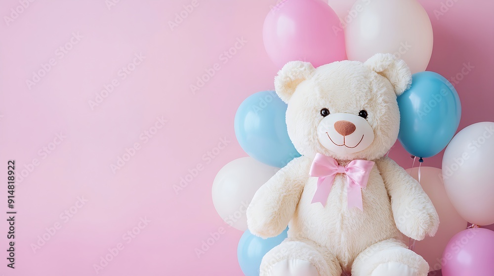 Cute white teddy bear with pink bow sitting surrounded by colorful balloons on a pink background. Cute white teddy bear with pink bow sitting surrounded by colorful balloons on a pink background.