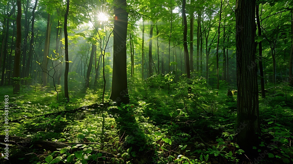 Obraz premium Sunbeams Through a Lush Forest